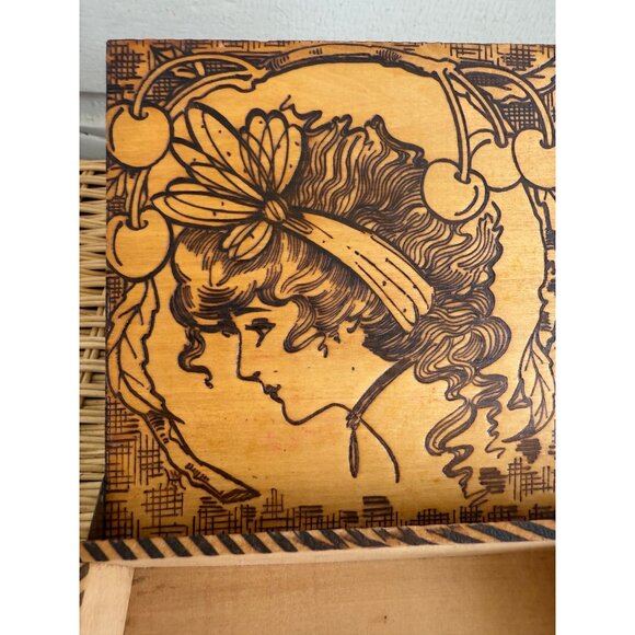 Antique 1910s Flemish Art Pyrography Hanky Box Art Nouveau Lady Cherries - Picture 6 of 8